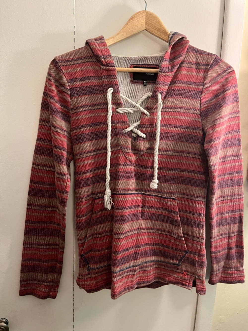 Hurley Women's Red and Pink Striped Lace-Up V-Neck Hoodie Sweater